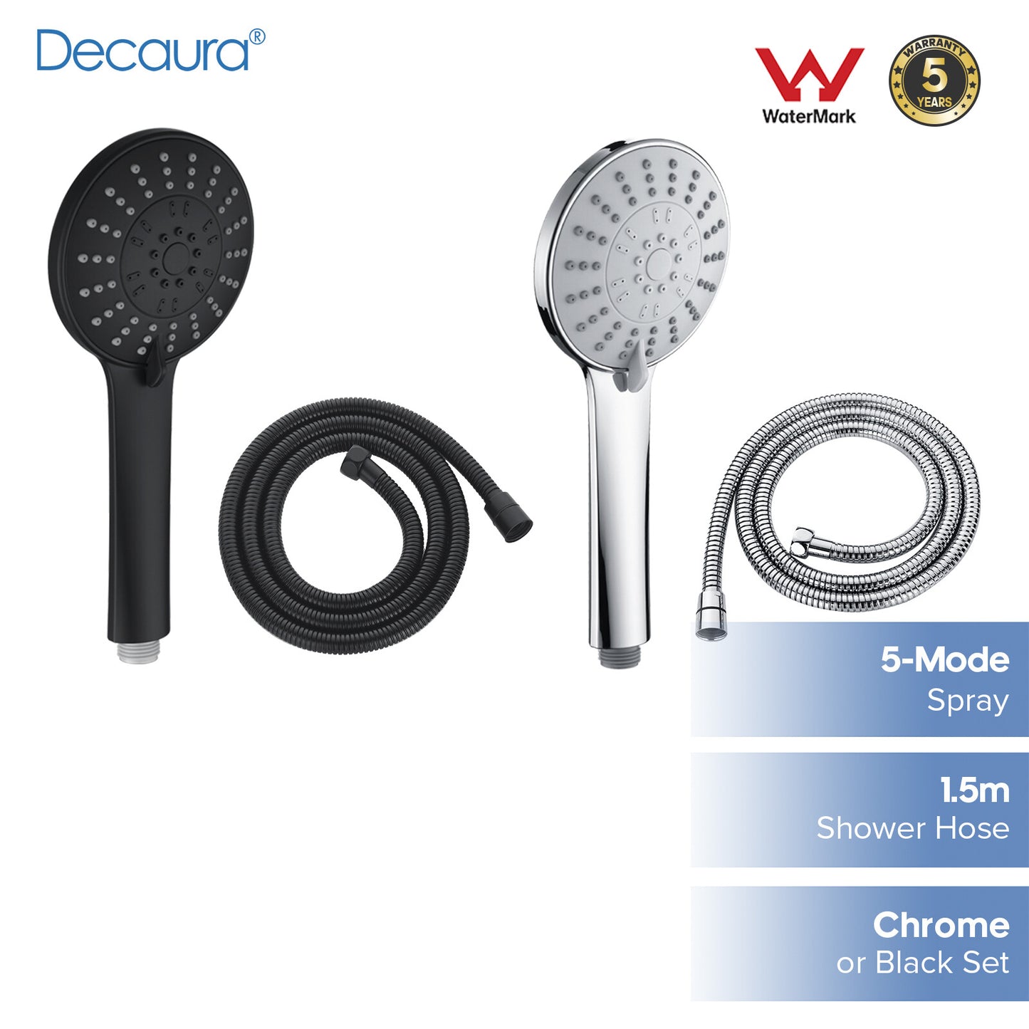 Decaura Hand Held Shower Head 5-Mode Sprayer with 1.5m flexible Shower Hose