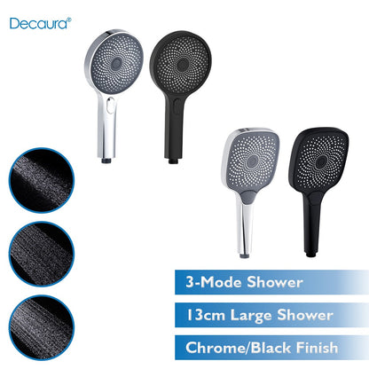 Decaura luxury Hand Held Shower Head 130mm Black/Chrome Bathroom 3 Mode Spray