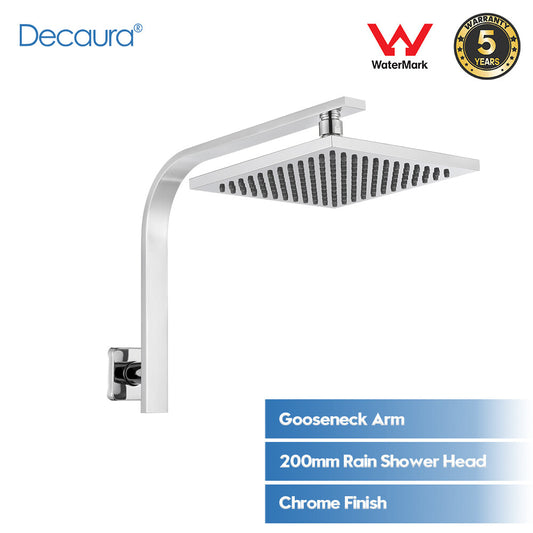 Decaura 8" Rain Shower Head and Gooseneck Shower Arm Square Chrome Wall Mount