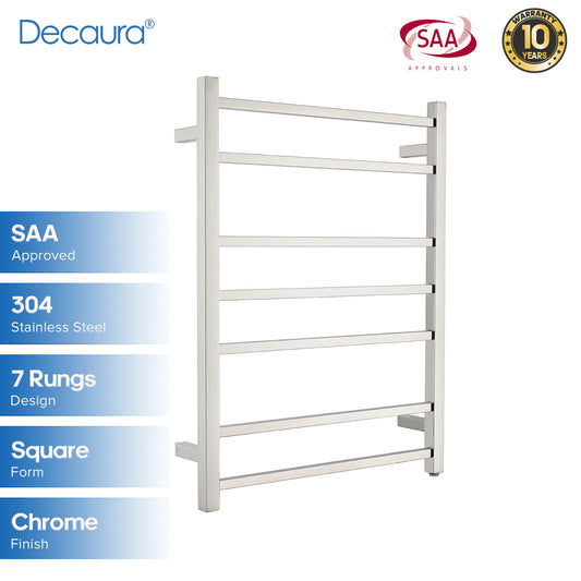 Wall Mounted Heated Towel Rail 7 Rungs Square Chrome 304 Stainless Steel