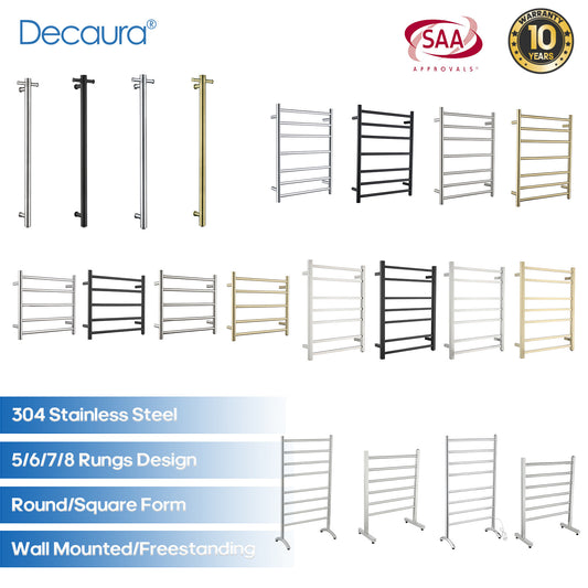 Decaura Heated Towel Rail Rack 304 Stainless Steel Freestanding/Wall Mounted