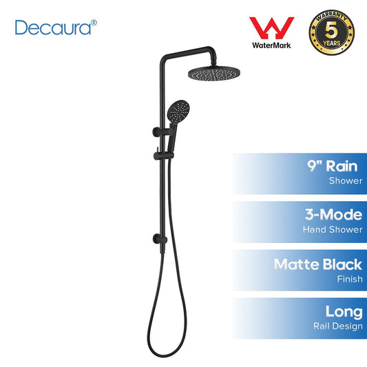 WELS 9" Rain Shower Head Set Black Round Long Rail Gooseneck Arm 3-Mode Hand