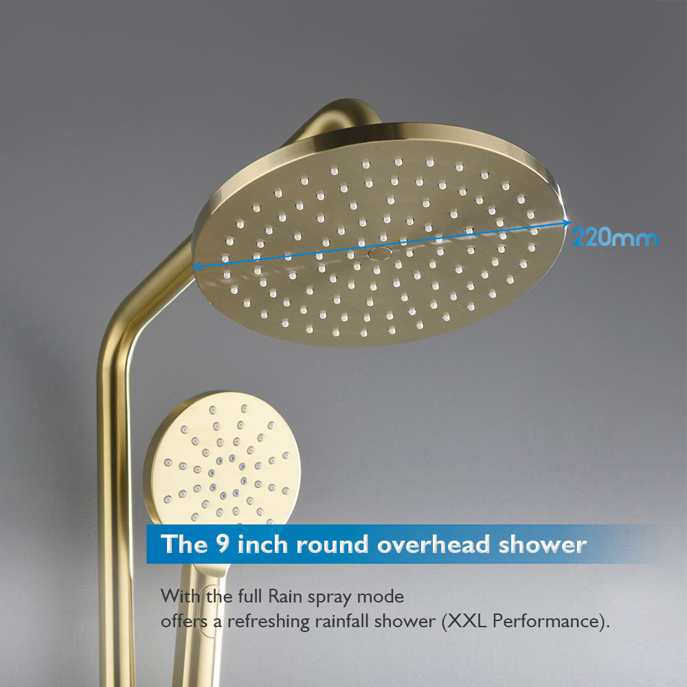 Decaura 9" Rain Shower Head Set Brushed Gold Gooseneck Arm 3-Mode Hand Held