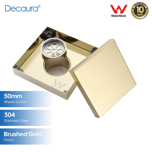 Decaura Tile Insert Floor Waste Shower Grate Drain Brushed Gold Square 50mm Out