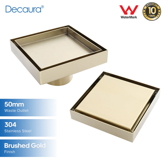 Decaura Tile Insert Floor Waste Shower Grate Drain Brushed Gold Square 50mm Out