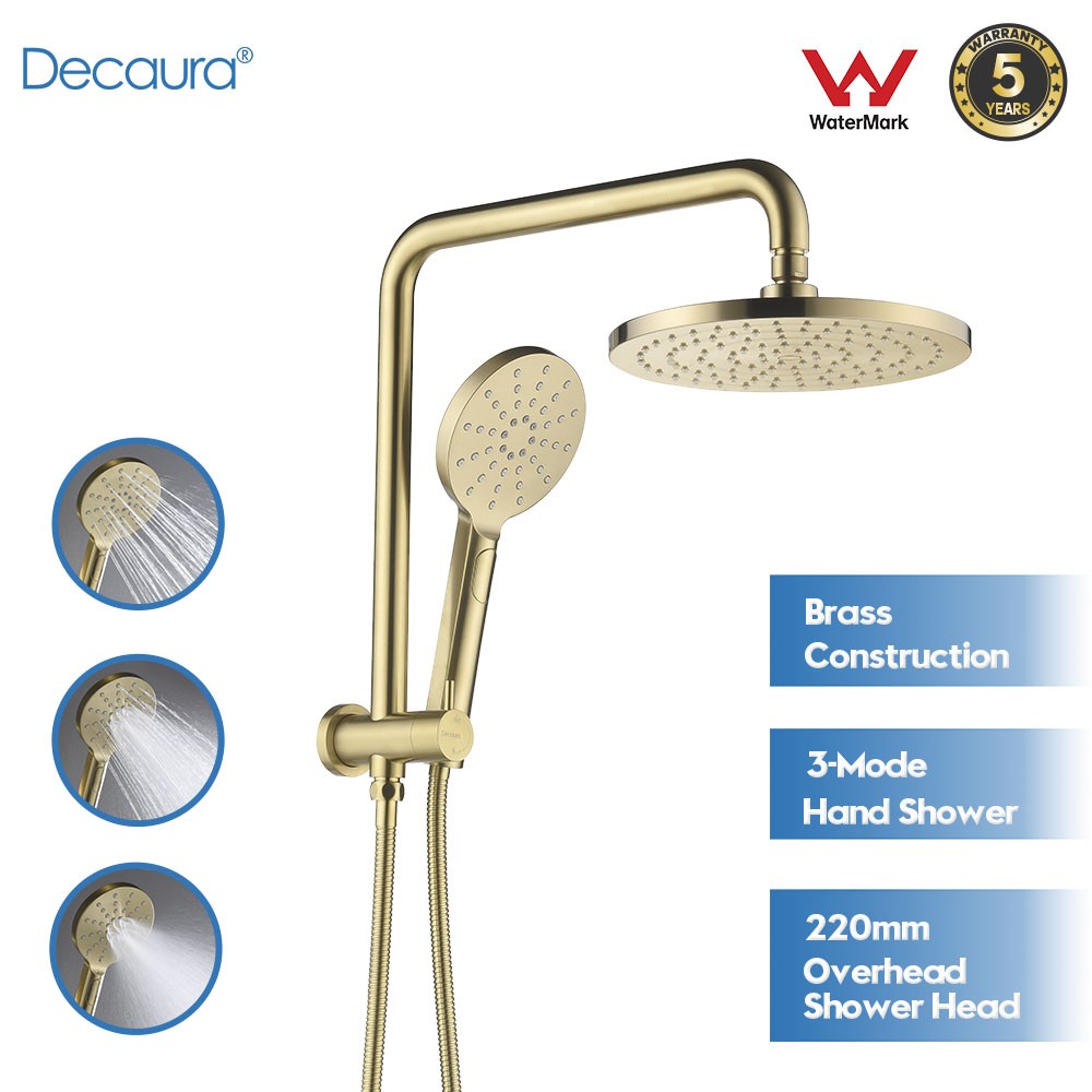 Decaura 9" 2 in 1 Shower Head Set Brushed Gold Gooseneck Arm Wall Tapware Mixer