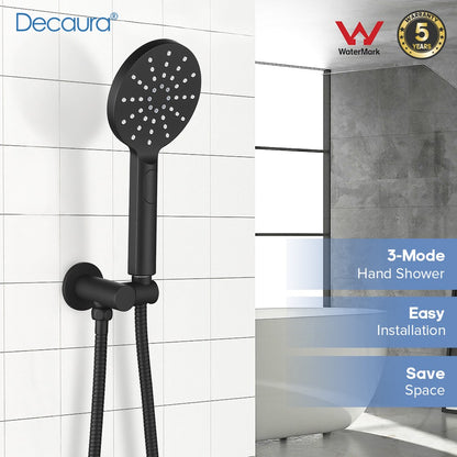Decaura Hand Held Shower Head Set Black 3-Mode with 1.5m Hose and Holder Round