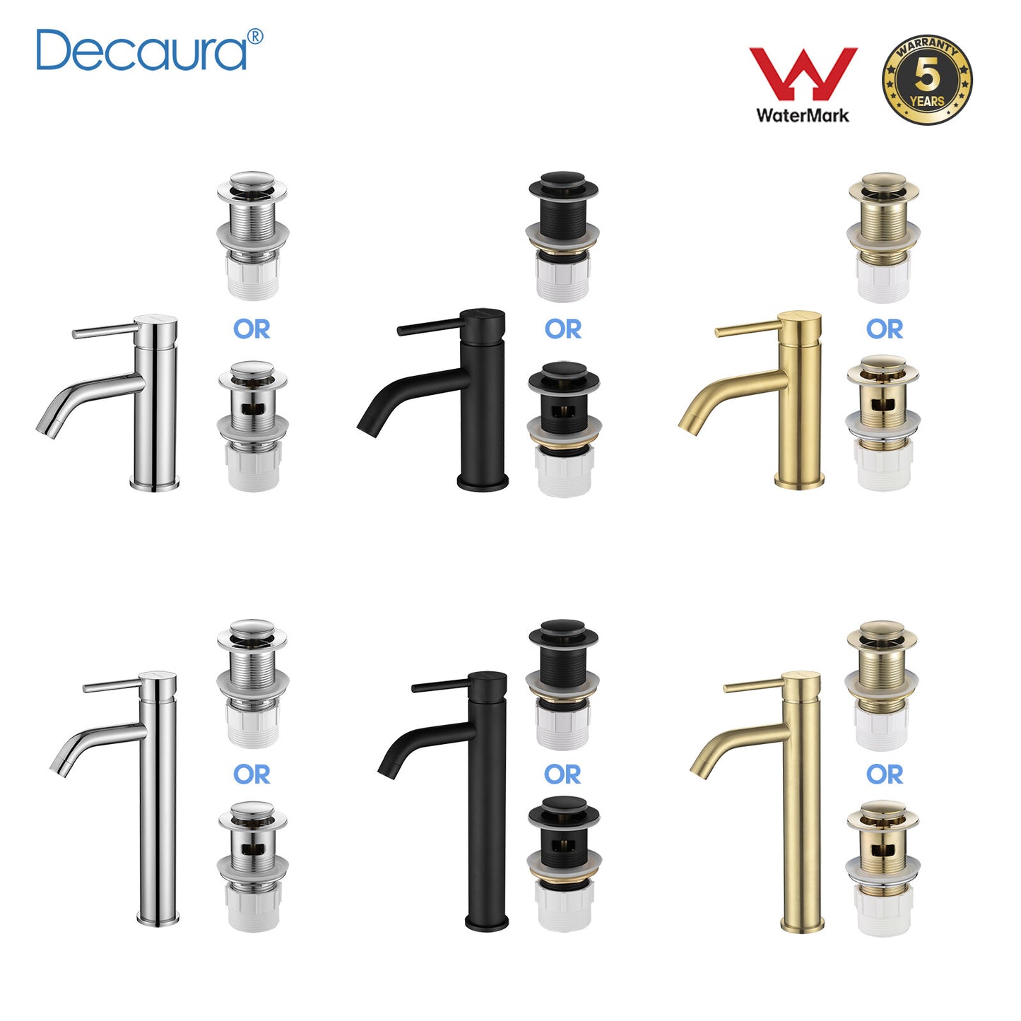 Decaura Basin Mixer Tap Bathroom Vanity Taps Pop Up Waste with/without Overflow