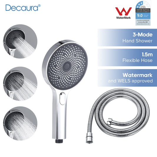 Decaura Hand Held Shower Head with 1.5M Flexible shower hose Chrome 3-Mode Spray