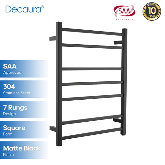 Decaura Square Heated Towel Rail 7 Bars Wall Mounted Black 10 Year Warranty