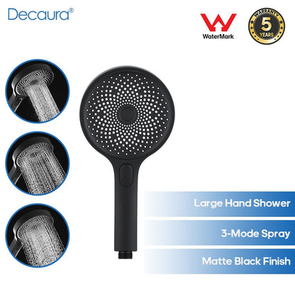 Decaura Round Hand Held Shower Head Black 3-Mode 130mm large Spray Bathroom