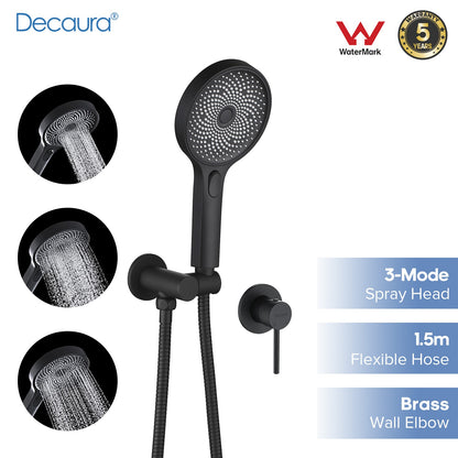 Decaura Large Hand Held Shower Head Set Black with Hose and Mount Shower Taps