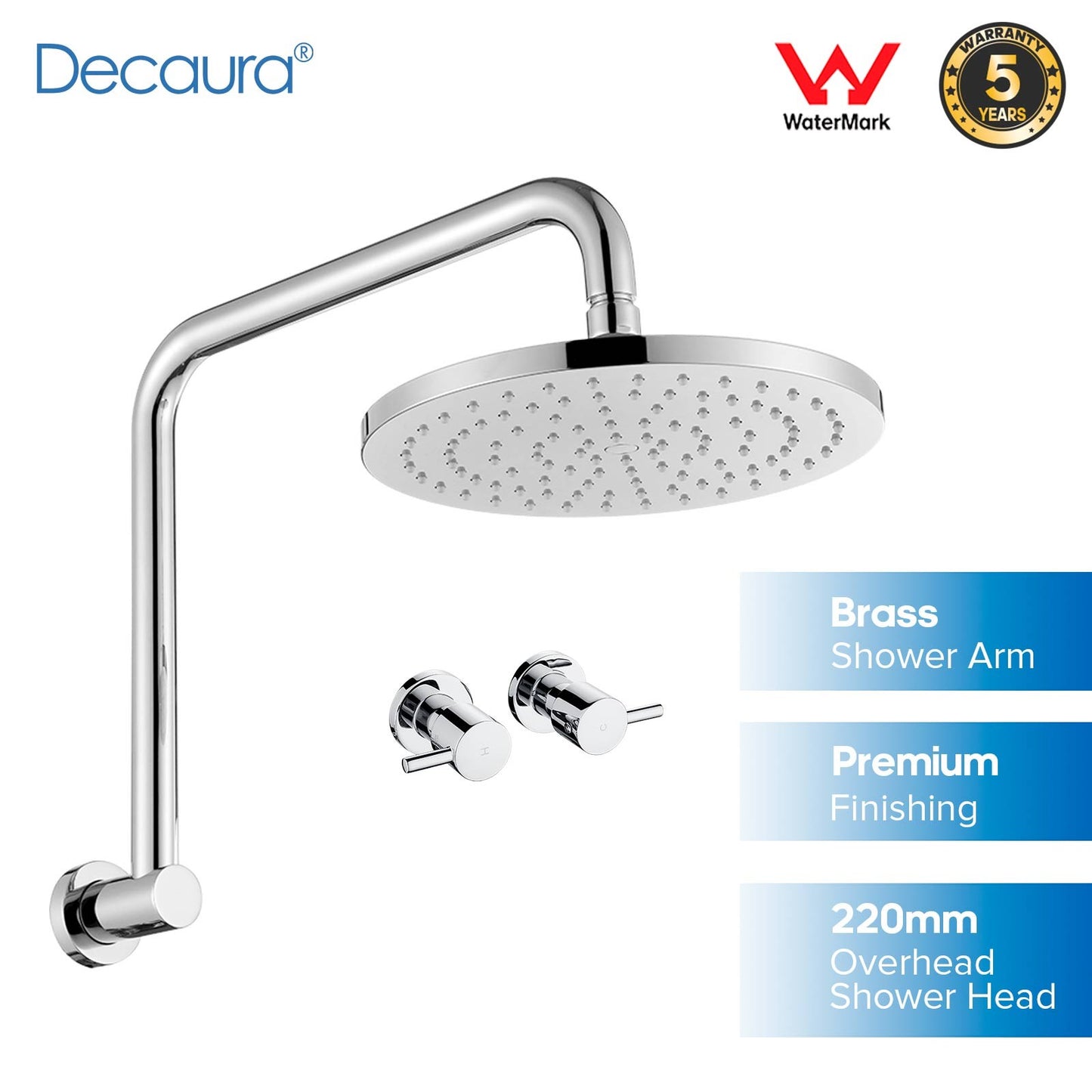 Decaura Rain Shower Head with Gooseneck Shower Arm Round Chrome Shower Mixer Tap