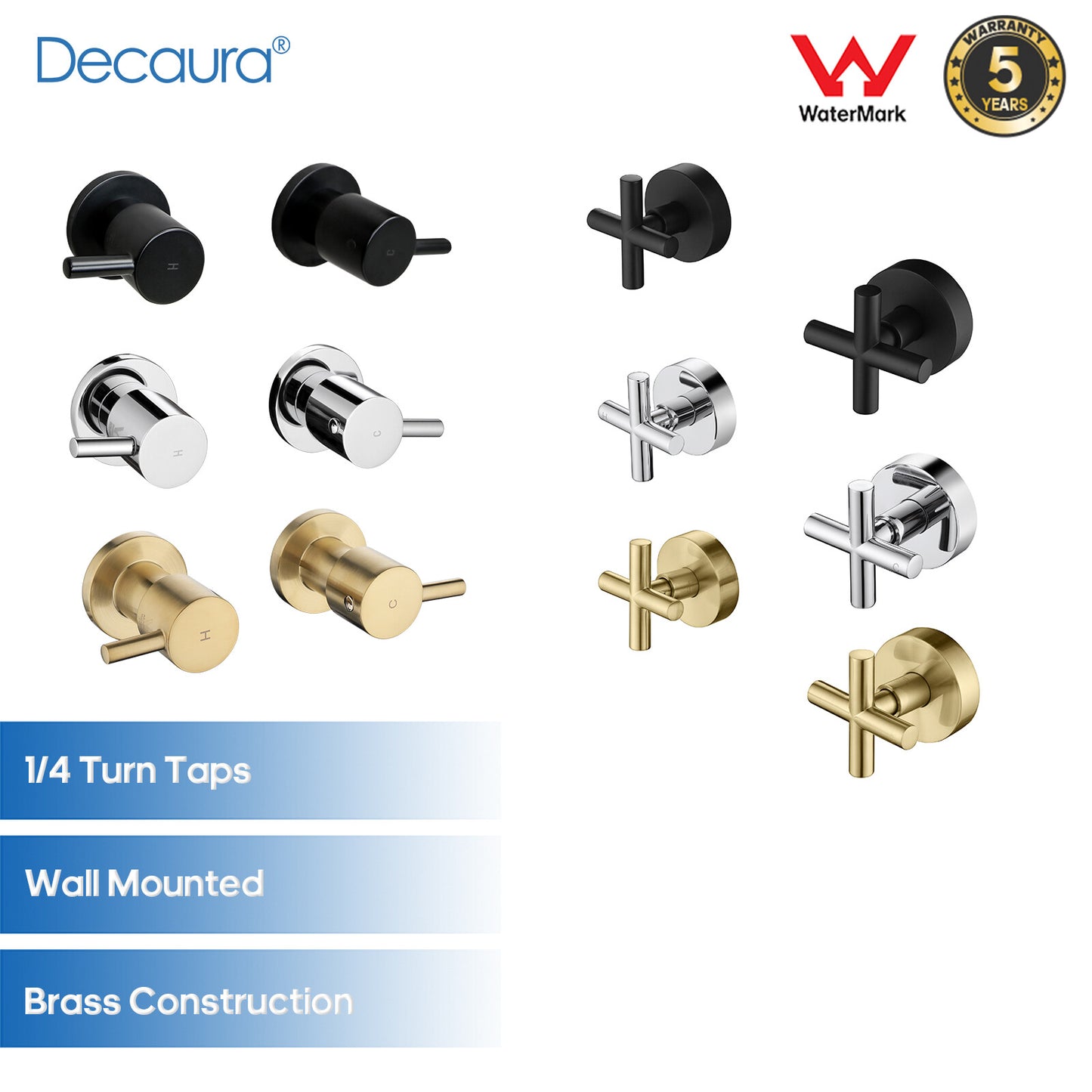 Decaura Brass Shower Taps 1/4 Turn Hot Cold Twin Mixer Tap Chrome/Black/Gold
