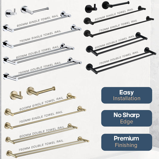 Towel Racks 600mm 750mm Toilet Roll Holder Robe Hook Chrome Black Brushed Gold