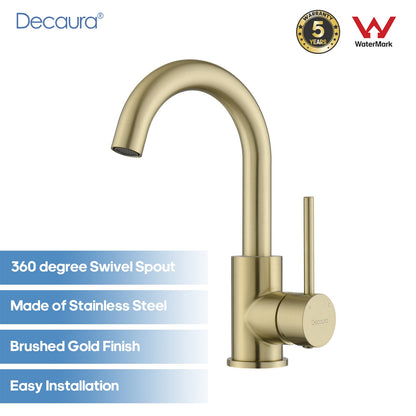 Decaura Brushed Gold Bathroom Basin Mixer Tap Round Swivel Arm Vanity Faucet