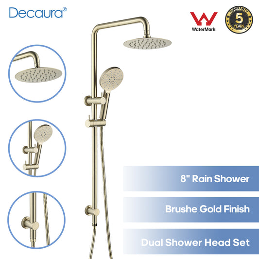 Decaura 8" Rain Shower Head Set Brushed Gold Gooseneck Long Rail Shower Taps