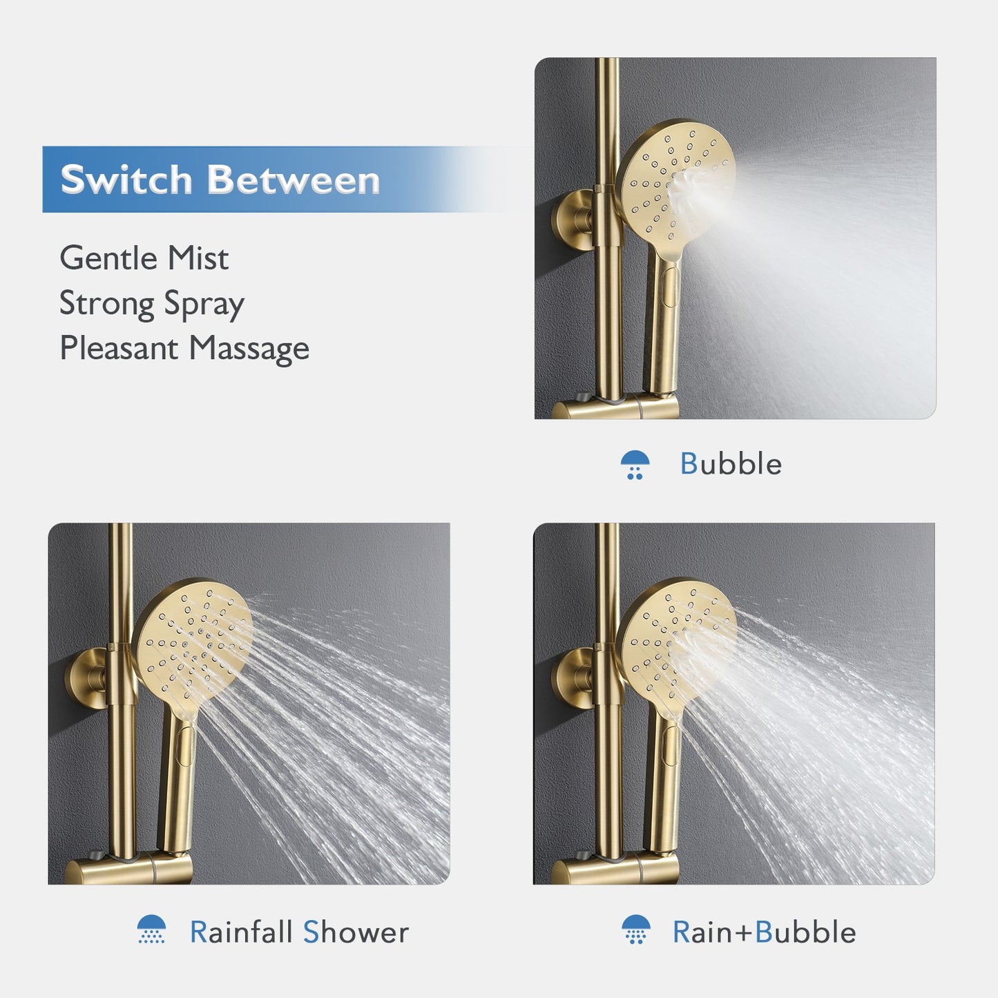 Decaura Shower Head Set Brushed Gold Round Rail Set Shower Mixer Tap Wall Mount