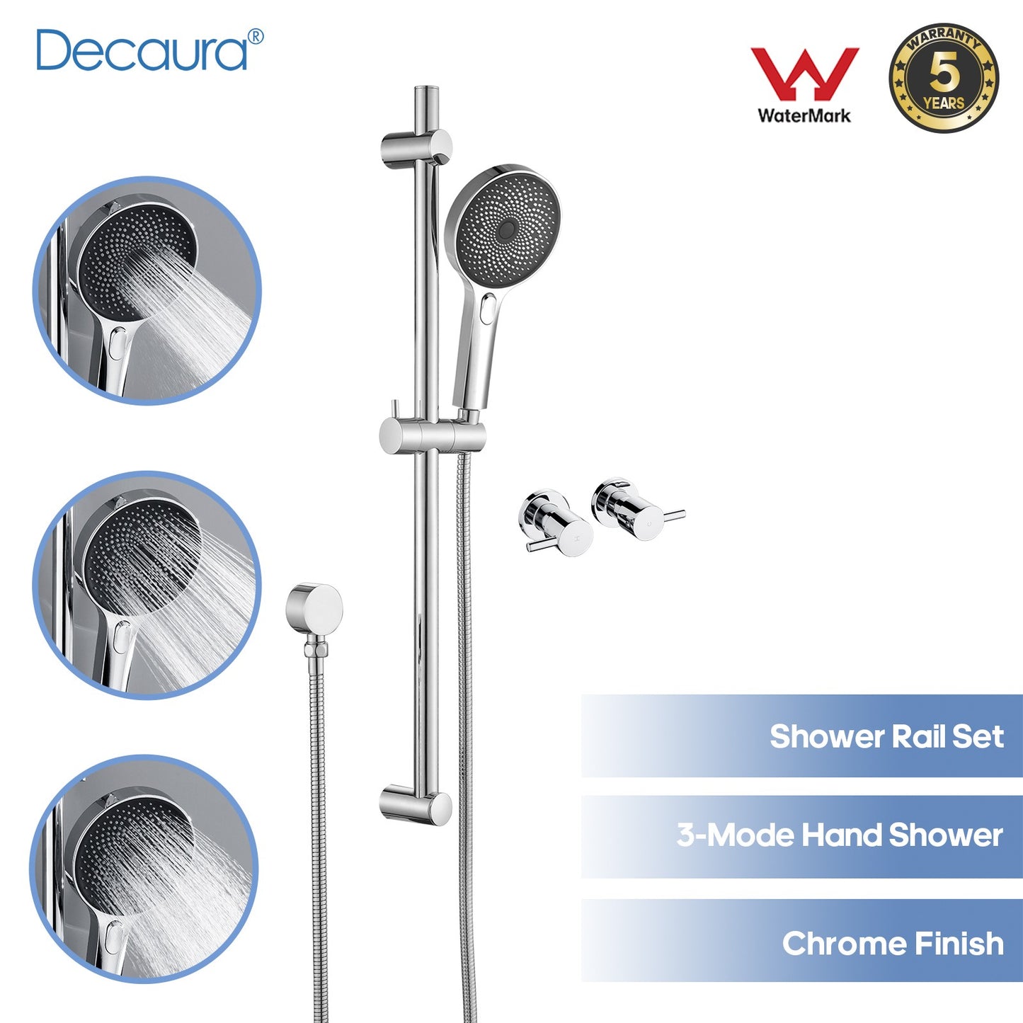 WELS Hand Held Shower Head on Sliding Rail Bar Chrome Round Shower Mixer Taps