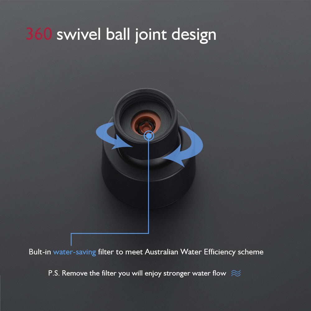 WELS 10" Rain Shower Head Matte Black Round Bathroom Swivel Overhead ABS