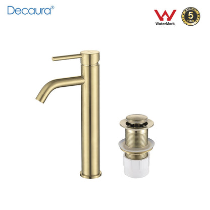 Decaura Brushed Gold Tall Bathroom Basin Tap and Pop Up Waste without Overflow
