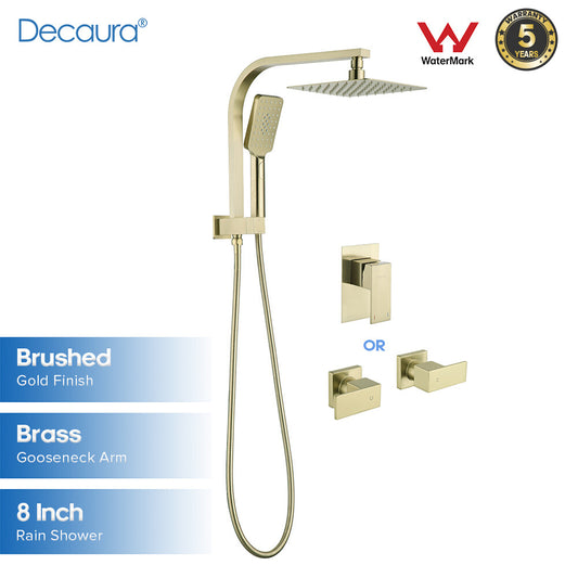 Decaura 8" Rain Shower Head Set Brushed Gold Square Gooseneck Arm Shower Taps