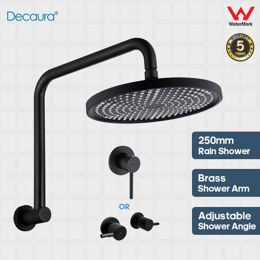 Decaura 10" Rain Shower Head Set Black Gooseneck Arm Wall Mount Shower Mixer Tap