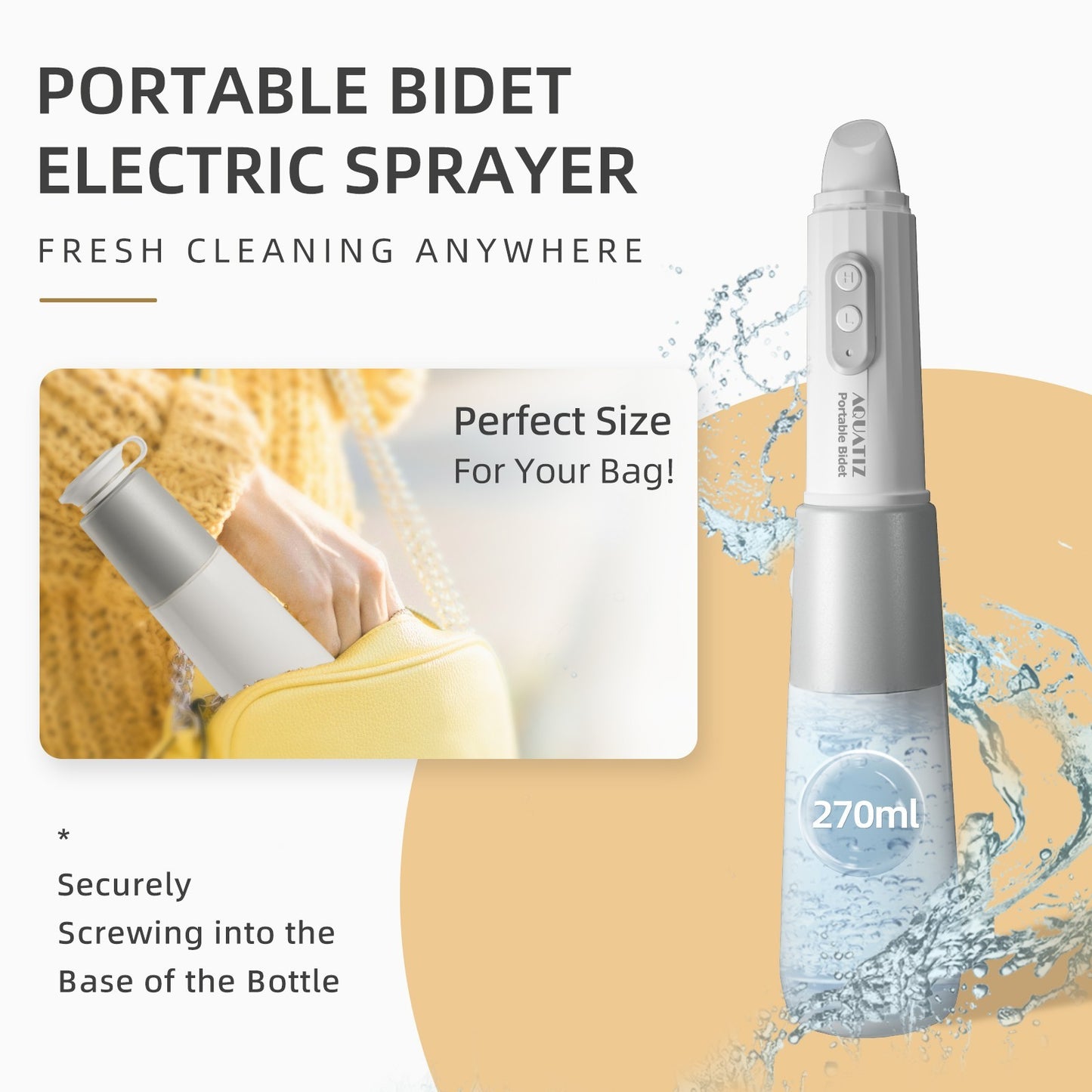 Aquatiz Portable Bidet for Travel, Electric Rechargeable Handheld Travel Bidet