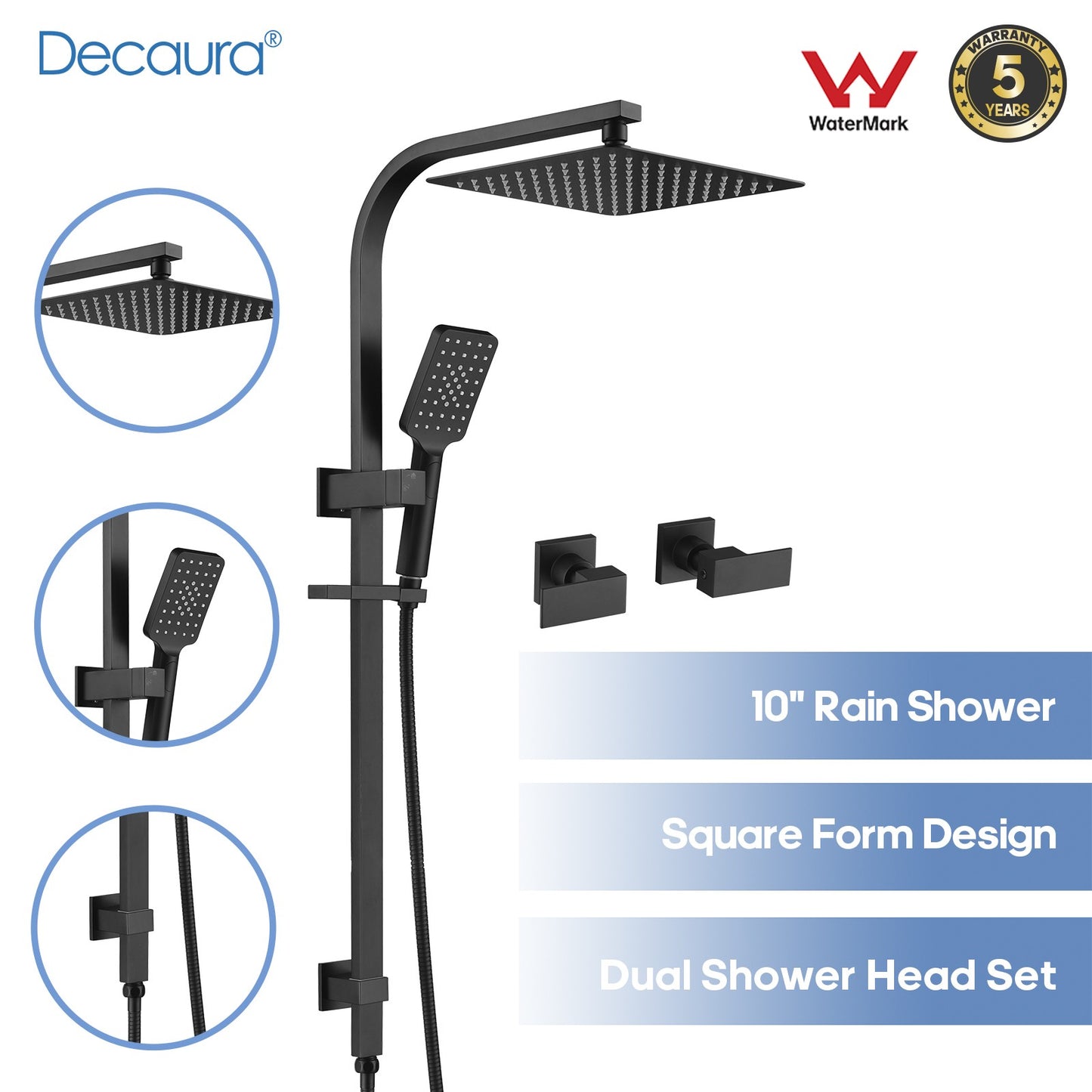 Decaura 10" Rain Shower Head Set Black Square with/without Shower Taps Bathroom