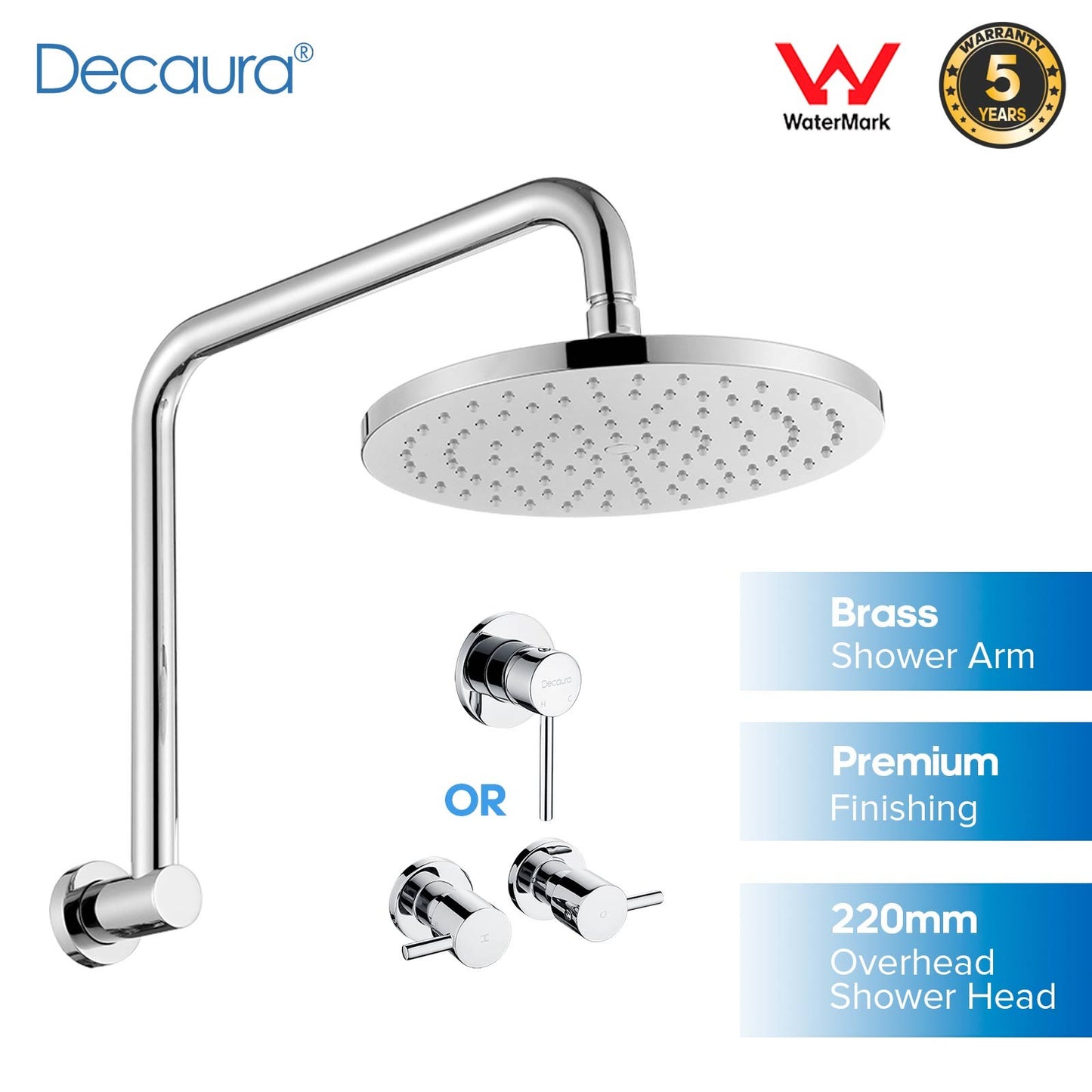 Decaura Rain Shower Head with Gooseneck Shower Arm Round Chrome Shower Mixer Tap