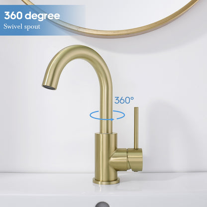 Decaura Brushed Gold Bathroom Basin Mixer Tap Round Swivel Arm Vanity Faucet