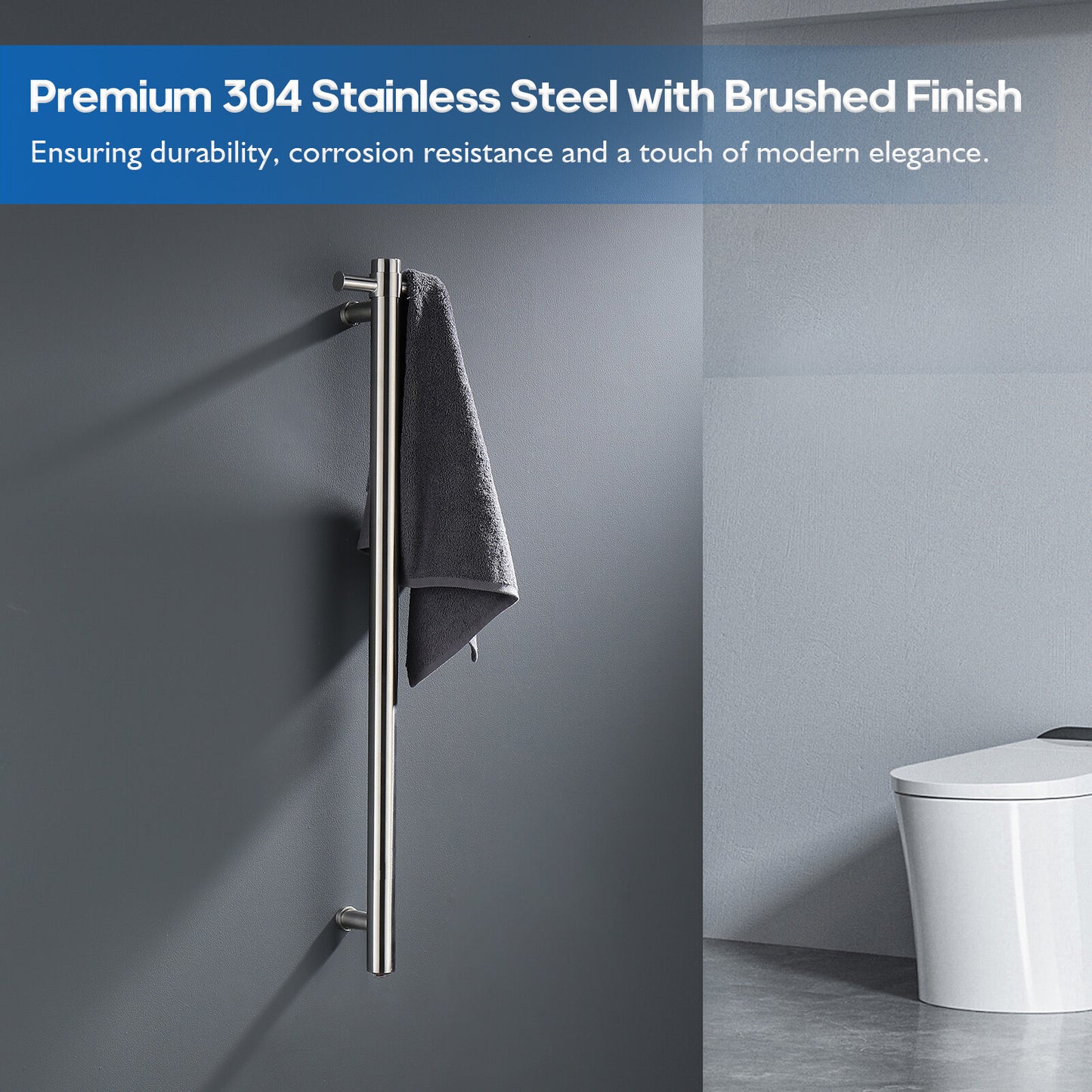 Decaura Wall Mounted Heated Towel Rail Vertical Brushed 304 Stainless Steel