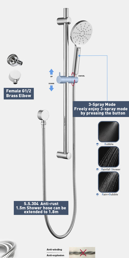 Decaura Hand Held Shower Head on Rail Sliding Bar Wall Mount 3-Mode Spray