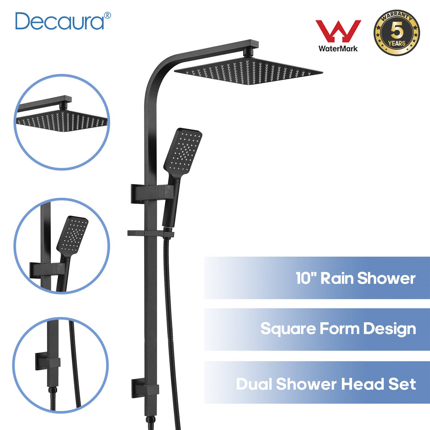 Decaura 10" Rain Shower Head Set Black Square with/without Shower Taps Bathroom