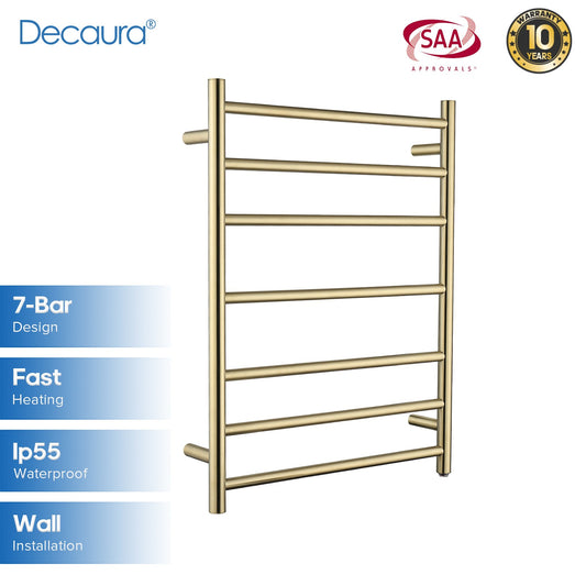 Decaura Wall Mounted Heated Towel Rail Brushed Gold 7 Bars 304 Stainless Steel