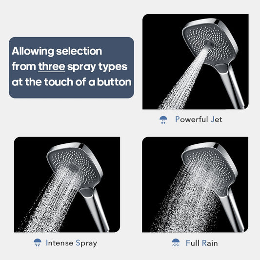 Decaura large Shower Hand Held Shower Head 3-Mode Sprayer Square Chrome Bathroom