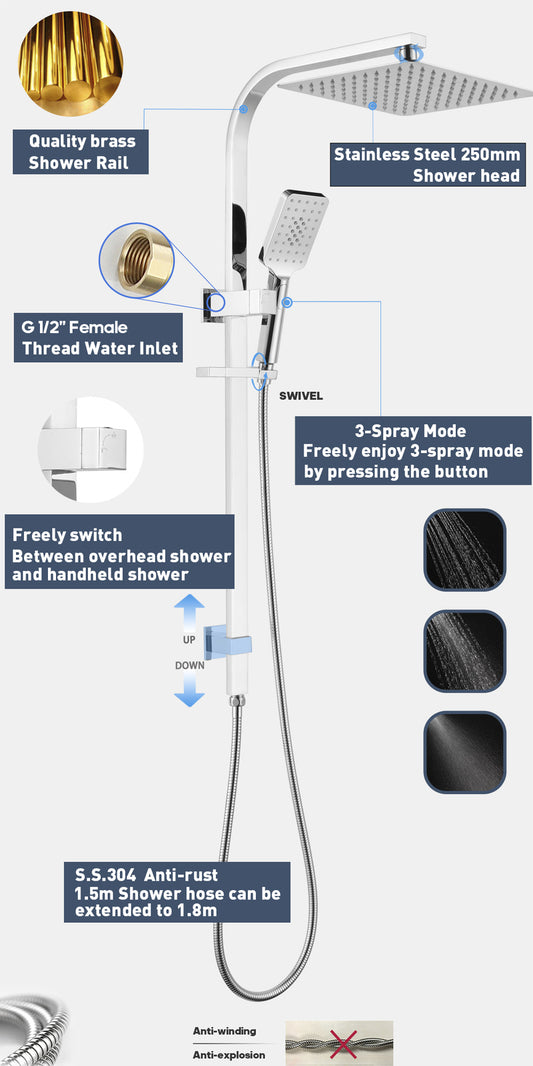 Decaura 10" Rain Shower Head Set Square Shower Taps Chrome/Black Gooseneck Arm