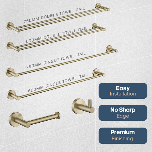 Brushed Gold Set Toilet Paper Holder Towel Rail Rack Shelf Robe Hooks Bathroom