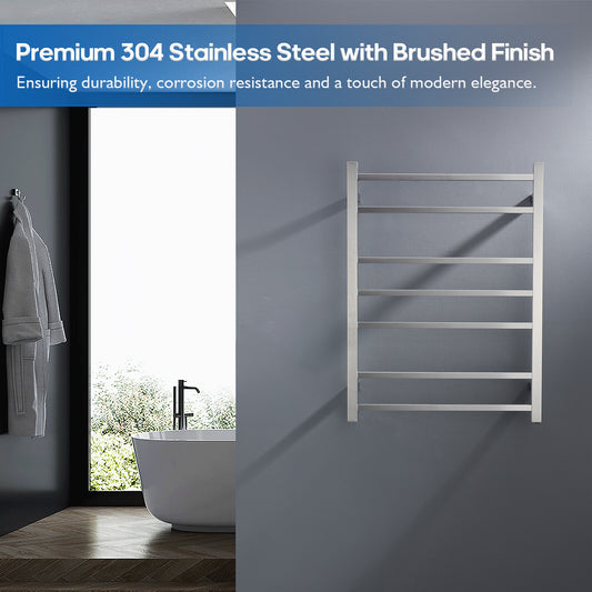 Wall Mounted Heated Towel Rail Square 7 Rungs Brushed Nickel Stainless Steel 304