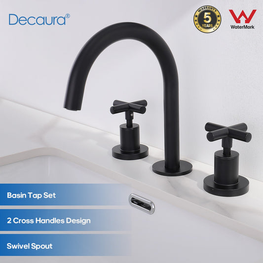 Decaura Black Basin Tap Set Cross Handle 1/4 Turn Swivel Spout Bathroom Vanity