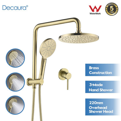 Decaura 9" 2 in 1 Shower Head Set Brushed Gold Gooseneck Arm Wall Tapware Mixer