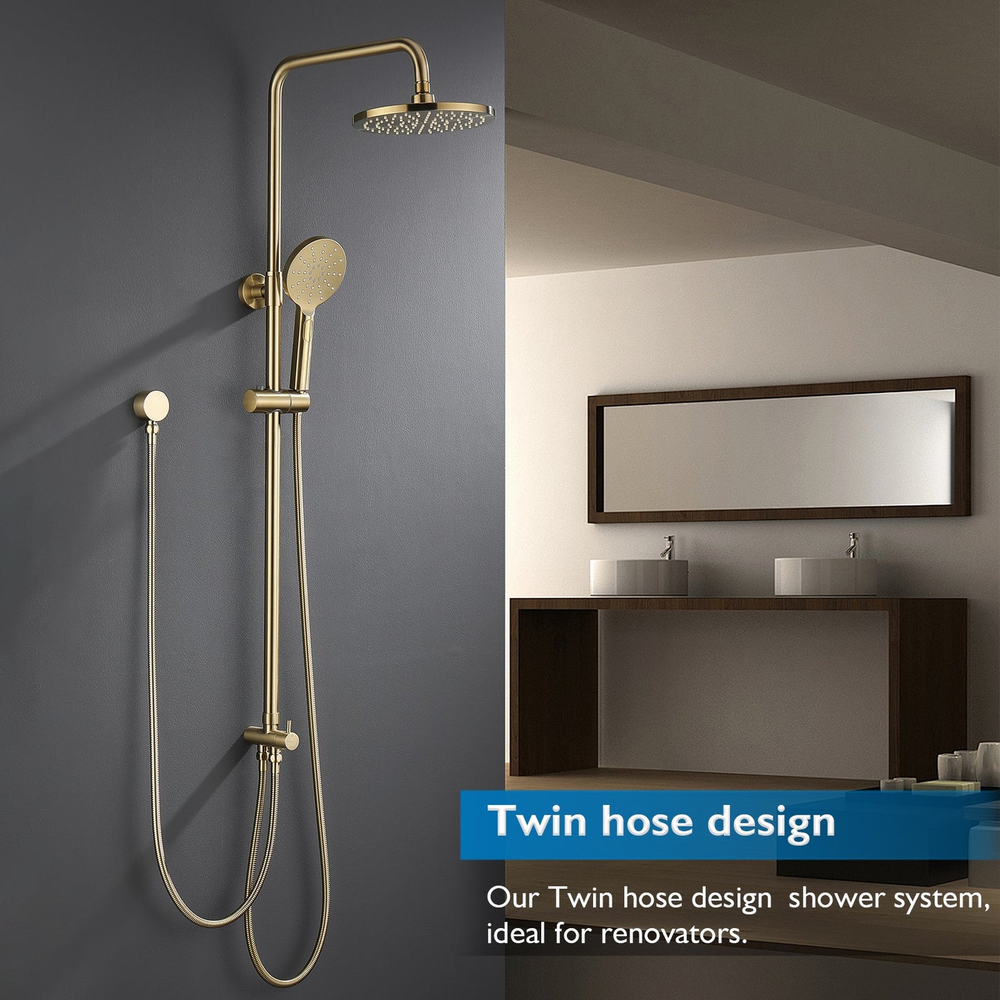 Decaura Shower Head Set Brushed Gold Round Rail Set Shower Mixer Tap Wall Mount