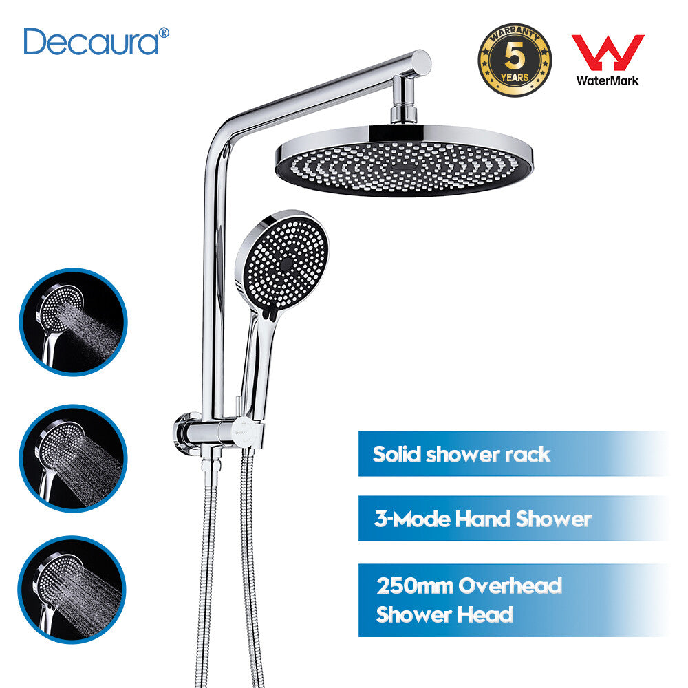 Decaura 10" Rain Shower Head Set Chrome Round Gooseneck Shower Arm Wall Tapware
