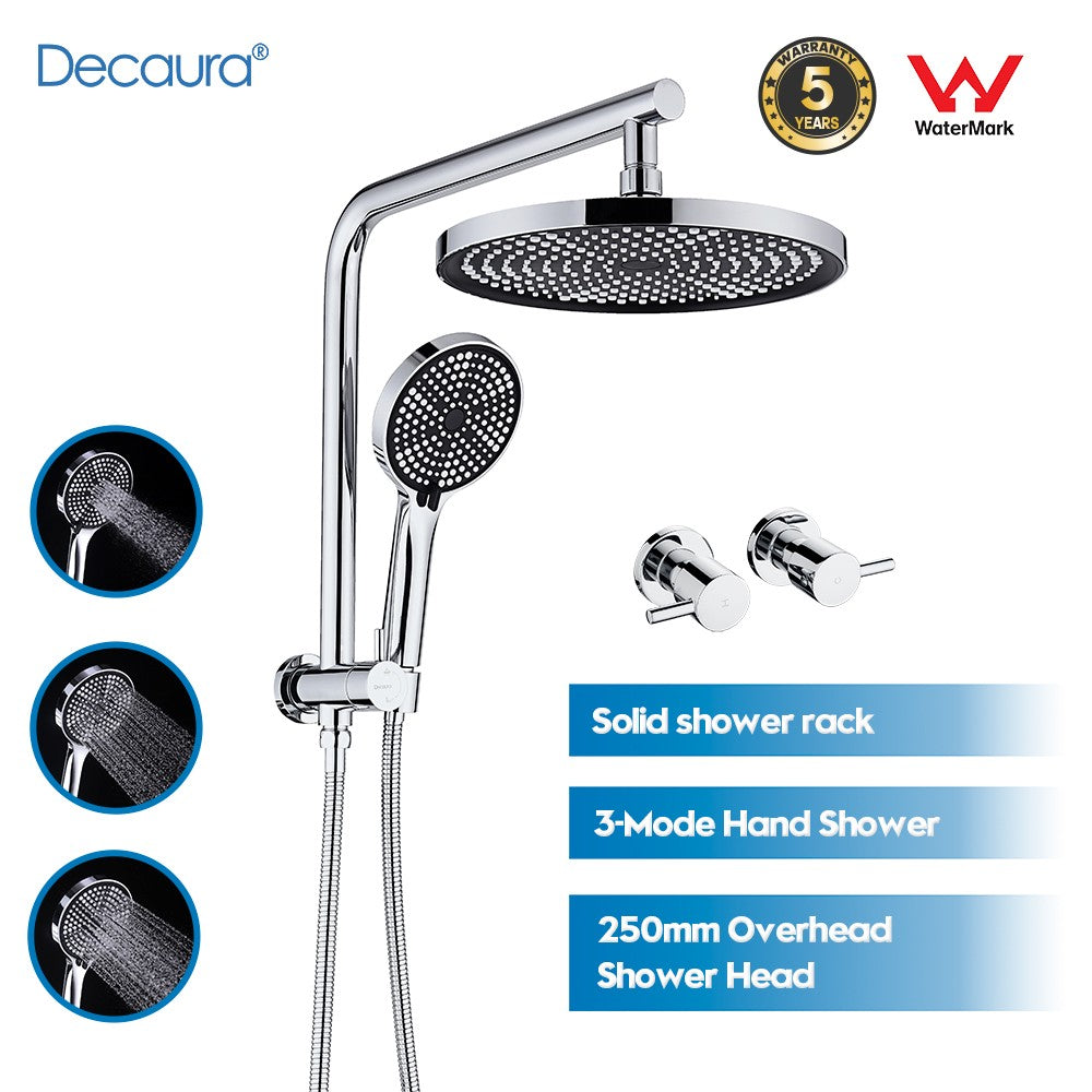 Decaura 10" Rain Shower Head Set Chrome Round Gooseneck Shower Arm Wall Tapware