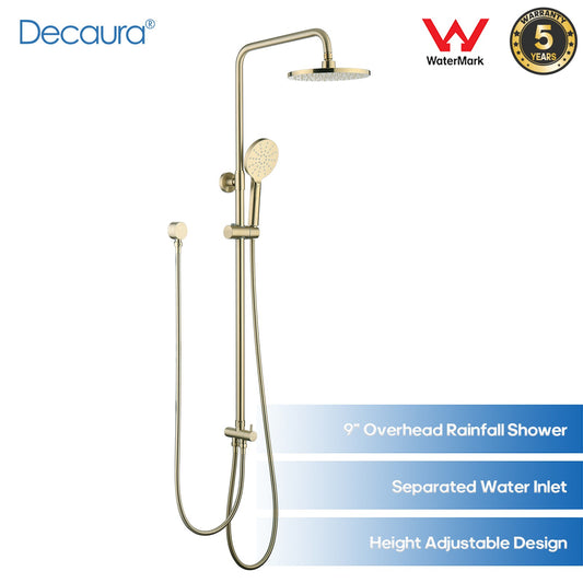 WELS 9" Rain Shower Head Set Brushed Gold Separate Water Inlet Shower Mixer Taps