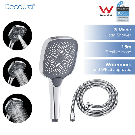 Decaura Large Hand Shower Head 3-Mode Spray with 1.5m Shower Hose Chrome