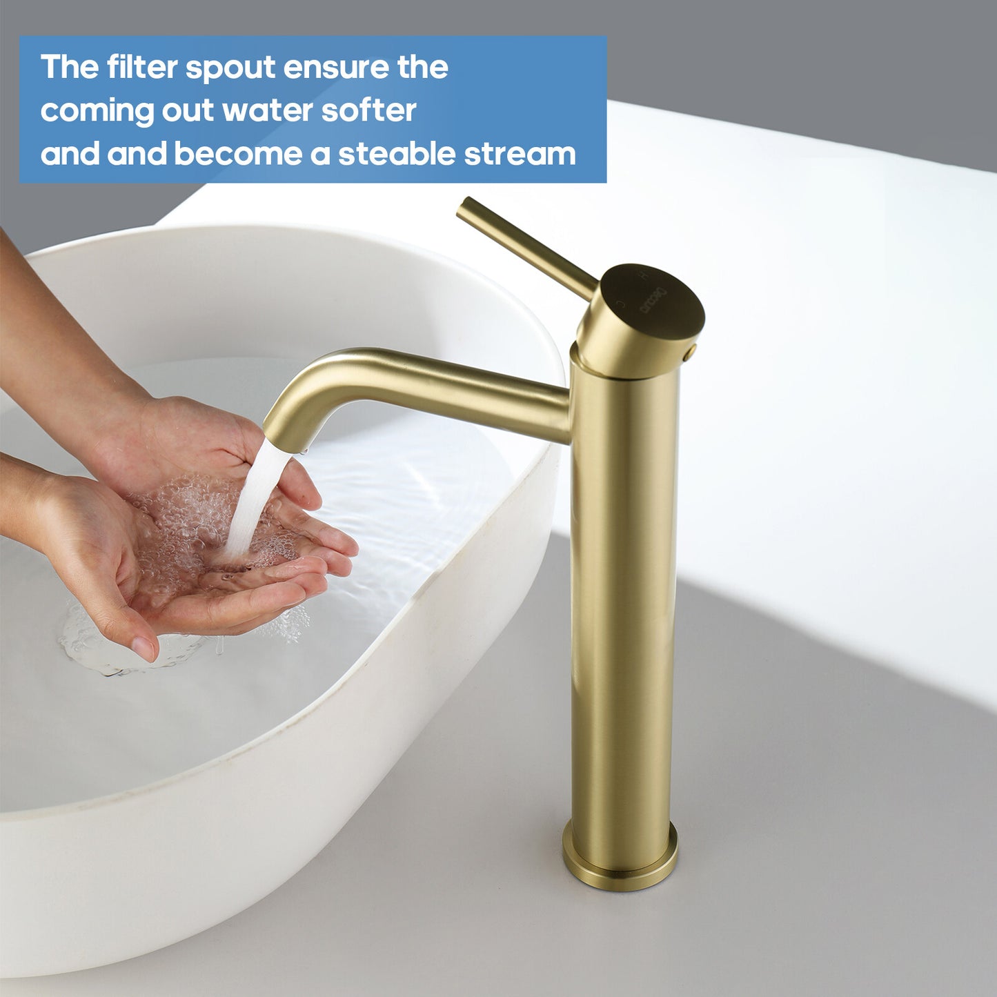 Decaura Brushed Gold Tall Bathroom Basin Tap and Pop Up Waste without Overflow