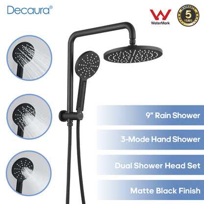 Decaura 9" Rain Shower Head Set Black Gooseneck Shower Arm Round Wall Mounted