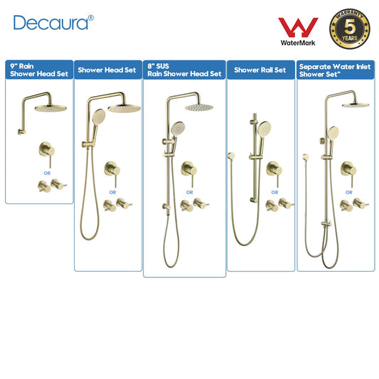 Decaura Shower Head Set Brushed Gold Round Rail Set Shower Mixer Tap Wall Mount