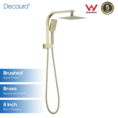 Decaura 8" Rain Shower Head Set Brushed Gold Square Gooseneck Arm Shower Taps